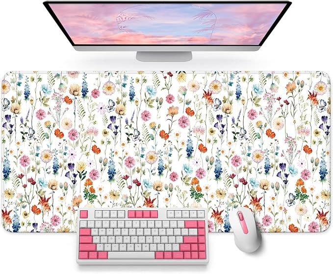 Large Mouse Pad for Desktop, Cute Desk Mat Pad Protector for Work & Gaming, Aesthetic Pretty Anti-Slip Laptop Blotter Cover for Office School Home Supplies, Wildflowers, 31.5" x 11.8"