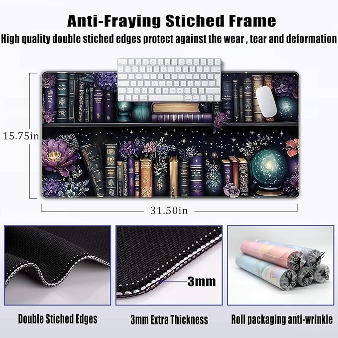 Purple Flowers Bookshelf Desk Mat Bookish Desk Pad Celestial Floral Books Large Mouse Pad XXL Extended Mousepad Aesthetic Keyboard Pad Crystal Globe Mouse Mat 31.5x15.7 in Office Decor for Women