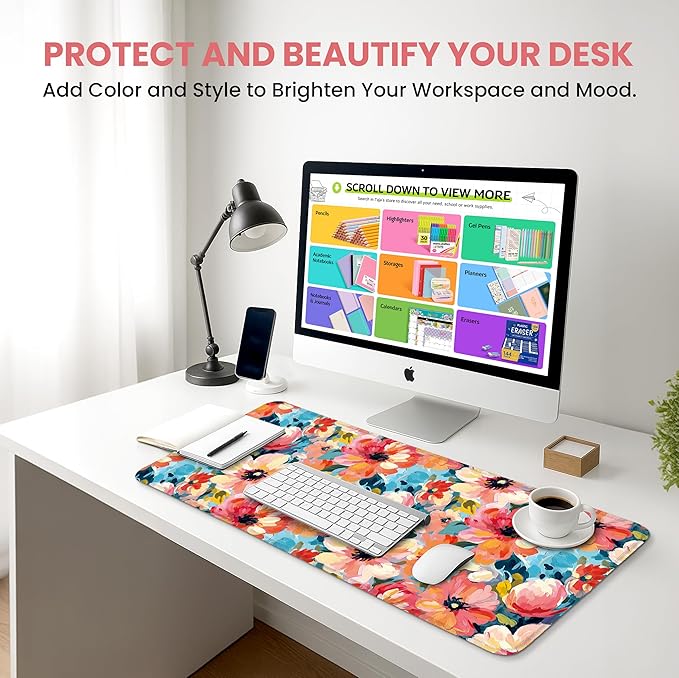 Large Mouse Pad for Desktop, Cute Desk Mat Pad Protector for Work & Gaming, Aesthetic Pretty Anti-Slip Laptop Blotter Cover for Office School Home Supplies, Pastel Garden, 35.4" x 15.7"