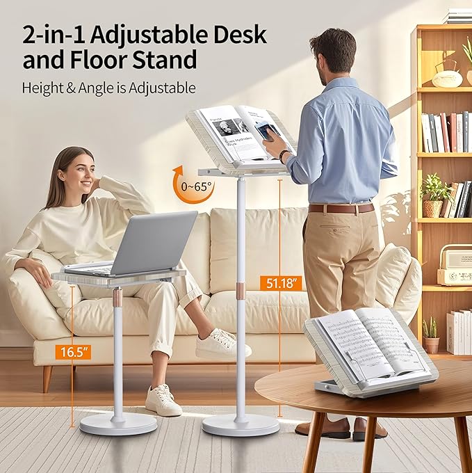 NAMON 2 in 1 Portable Laptop Floor Stand & Laptop Stand for Desk, Small Adjustable Table with Height Adjustable from 16.5" to 51", Wooden Laptop Stand White for Home, Office, Meeting Room, Study