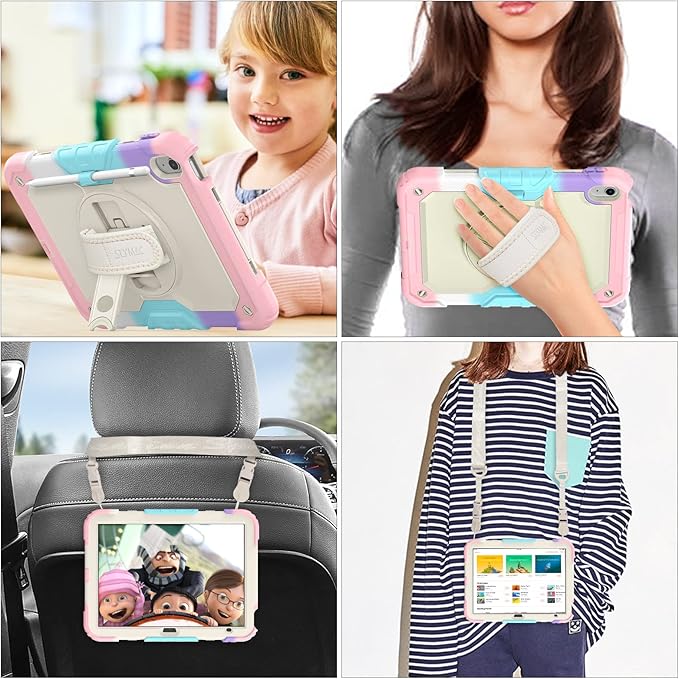 SEYMAC stock Case for iPad (A16) 11th/10th Generation 11''/10.9'' 2025/2022, Full-Body Drop Protection Case with Screen Protector &360° Rotate Hand Strap/Stand, Yellowish+Pink