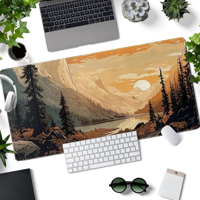 Sunset Mountains Desk Mat Aesthetic Large Mouse Pad XXL Extended Gaming Mousepad Nature Landscape Big Mouse Mat Computer Laptop Desktop Pad Keyboard Mat Desk Decor 31.5x15.7 in
