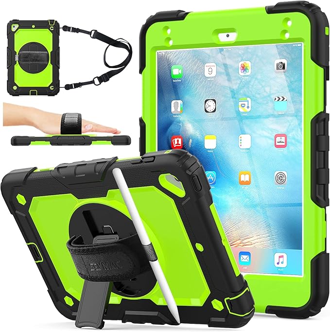 SEYMAC stock Case for iPad mini 5/4 with Screen Protector Pencil Holder [360 Rotating Hand Strap] & Stand, Drop-Proof Case for iPad mini 5th/4th Generation 7.9 inch (Green+Black)