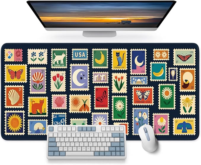 Large Mouse Pad for Desktop, Cute Desk Mat Pad Protector for Work & Gaming, Aesthetic Pretty Anti-Slip Laptop Blotter Cover for Office School Home Supplies, Stamp, 31.5" x 11.8"