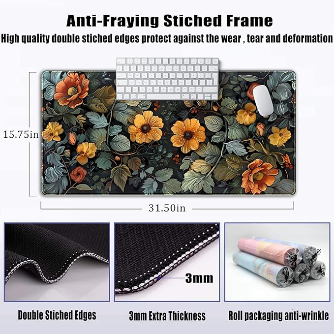 Floral Desk Mat Old World Style Cottagecore Flowers Extended Mouse Pad Large Botanical Gaming Mousepad XXL Cute Aesthetic Computer Keyboard Mouse Mat 31.5''X15.7'' Desk Pad Office Decor