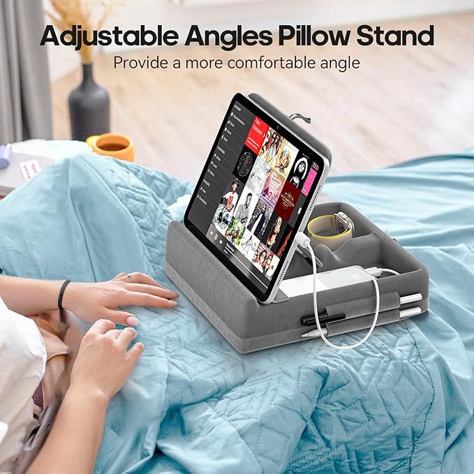 KDD Tablet Pillow Stand with Storage, Foldable iPad Holder for Bed, Lap and Desk, Angle Adjustable Soft Pad Dock with Stylus Mount Compatible with Ipad Pro 12.9, 10.5, 11, Air, Mini, Phones, Books
