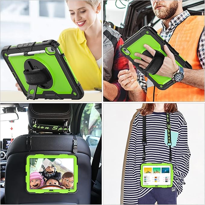 SEYMAC stock Case for iPad (A16) 11th/10th Generation 11''/10.9'' 2025/2022, Full-Body Drop Protection Case with Screen Protector &360° Rotate Hand Strap/Stand, Green+Black