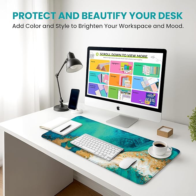 Large Mouse Pad for Desktop, Cute Desk Mat Pad Protector for Work & Gaming, Aesthetic Pretty Anti-Slip Laptop Blotter Cover for Office School Home Supplies, Emerald Shores, 31.5" x 11.8"