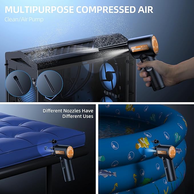 DOROBEEN Compressed Air Duster, Rechargeable Air Can, Electric Air Duster with BLDC Motor, Powerful Blower with LED Light, for PC Keyboard Cleaner with Accessories, (Black)