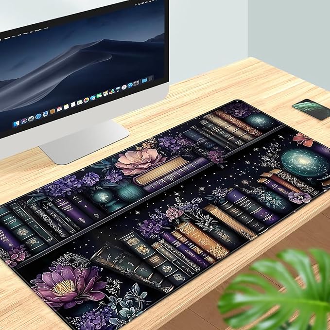 Purple Flowers Bookshelf Desk Mat Bookish Desk Pad Celestial Floral Books Large Mouse Pad XXL Extended Mousepad Aesthetic Keyboard Pad Crystal Globe Mouse Mat 31.5x15.7 in Office Decor for Women