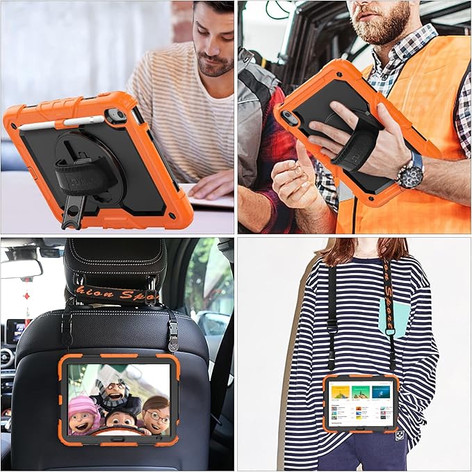 SEYMAC stock Case for iPad (A16) 11th/10th Generation 11''/10.9'' 2025/2022, Full-Body Drop Protection Case with Screen Protector &360° Rotate Hand Strap/Stand, Black+Orange