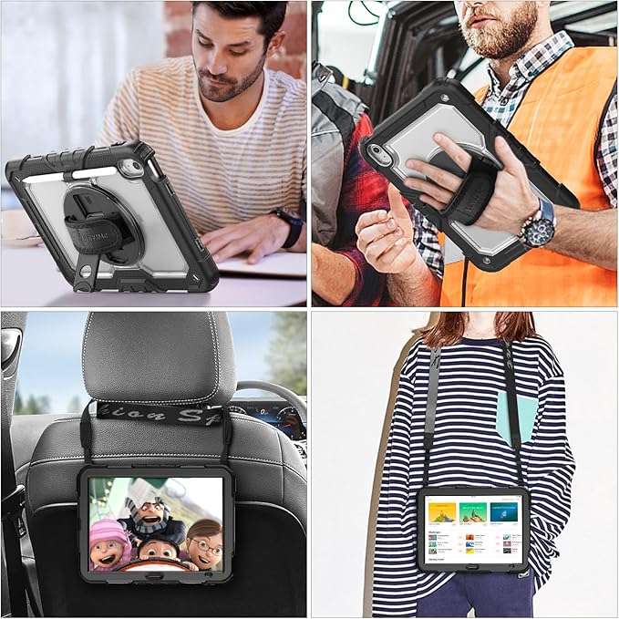 SEYMAC stock Case for iPad (A16) 11th/10th Generation 11''/10.9'' 2025/2022, Full-Body Drop Protection Case with Screen Protector &360° Rotate Hand Strap/Stand, Transparent+Black
