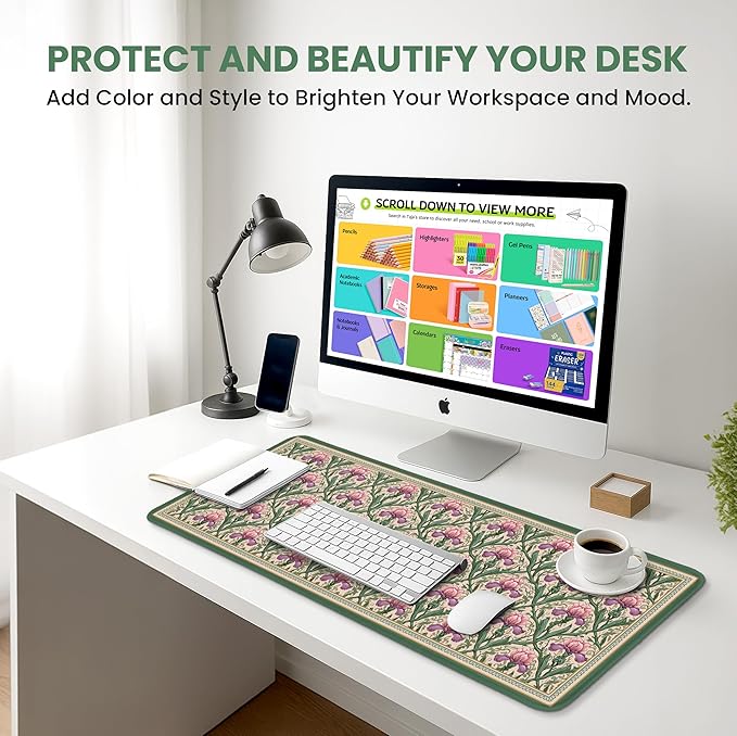 Large Mouse Pad for Desktop, Cute Desk Mat Pad Protector for Work & Gaming, Aesthetic Pretty Anti-Slip Laptop Blotter Cover for Office School Home Supplies, Blush Iris Garden, 35.4" x 15.7"