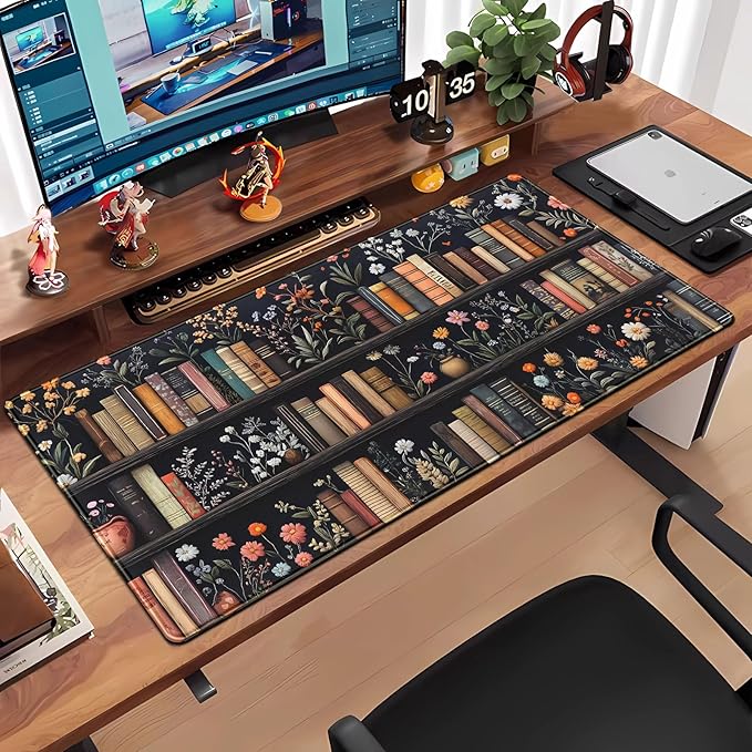 Bookish Desk Mat Floral Bookshelf Desk Pad Faux Embroidery Large Mouse Pad XXL Book Lovers Gift Extended Gaming Mousepad Flower Aesthetic Keyboard Pad Mouse Mat 31.5x15.7 in Office Decor for Women