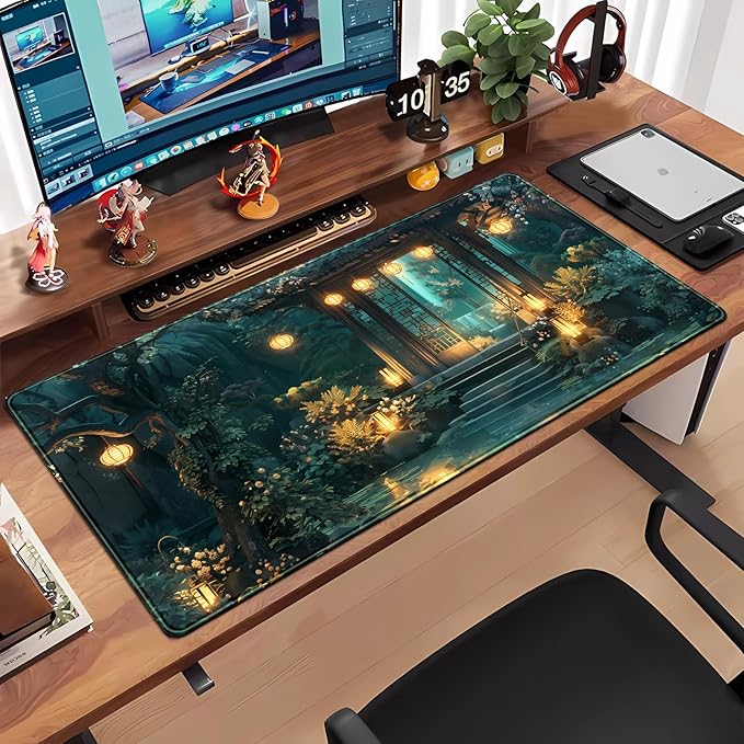 Lofi Desk Mat Japanese Large Mouse Pad Extended Gaming Mousepad XXL Computer Laptop Keyboard Pad Big Mouse Mat Green Aesthetic Desk Pad Office Decor 31.5x15.7 in