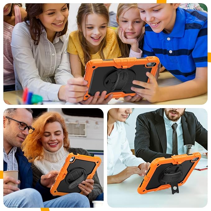 timecity for iPad (A16) 11th/ 10th Generation Case 11''/ 10.9 Inch (2025/2022) - Heavy Duty Protective Cover with Screen Protector, Stand, Shoulder Strap & Pencil Holder | Kids-Friendly - Orange