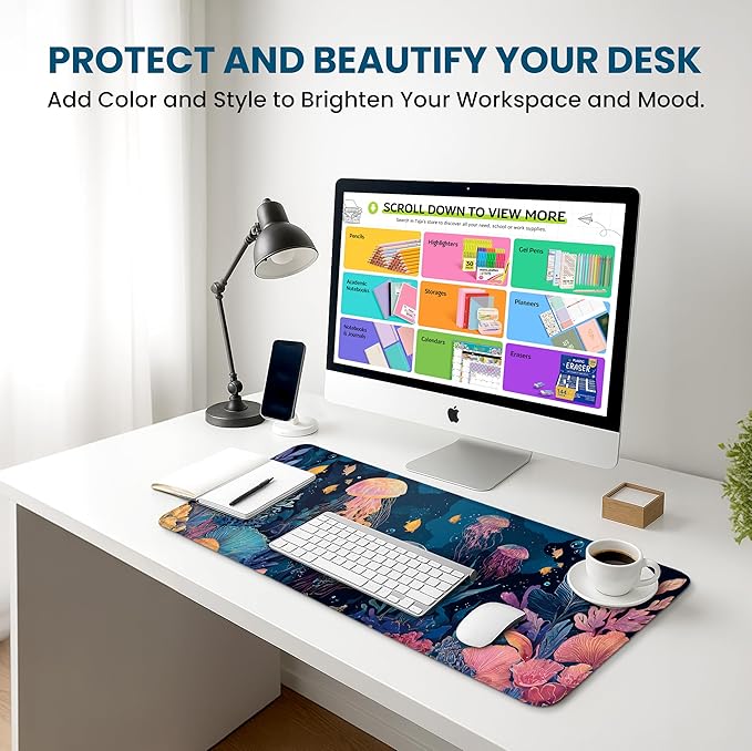 Large Mouse Pad for Desktop, Cute Desk Mat Pad Protector for Work & Gaming, Aesthetic Pretty Anti-Slip Laptop Blotter Cover for Office School Home Supplies, Jellyfish, 31.5" x 11.8"