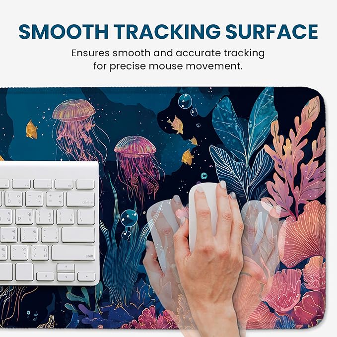 Large Mouse Pad for Desktop, Cute Desk Mat Pad Protector for Work & Gaming, Aesthetic Pretty Anti-Slip Laptop Blotter Cover for Office School Home Supplies, Jellyfish, 35.4" x 15.7"
