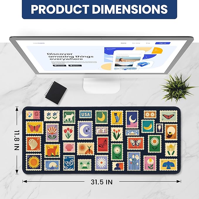 Large Mouse Pad for Desktop, Cute Desk Mat Pad Protector for Work & Gaming, Aesthetic Pretty Anti-Slip Laptop Blotter Cover for Office School Home Supplies, Stamp, 31.5" x 11.8"
