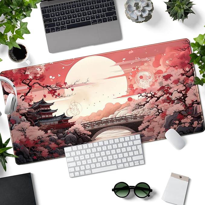 Pink Full Moon Desk Mat Japanese Sakura Blossom Large Mouse Pad Extended Japan Aesthetic Gaming Mousepad XXL Keyboard Pad Mouse Mat 31.5''X15.7'' Desk Pad Office Decor