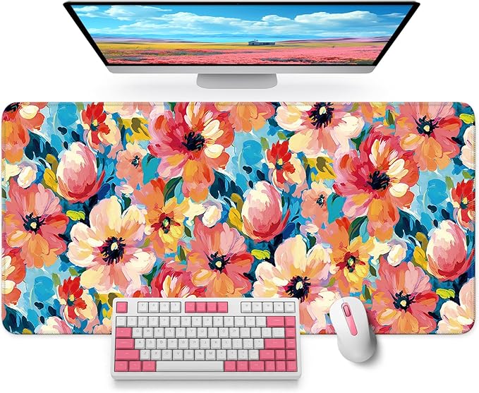 Large Mouse Pad for Desktop, Cute Desk Mat Pad Protector for Work & Gaming, Aesthetic Pretty Anti-Slip Laptop Blotter Cover for Office School Home Supplies, Pastel Garden, 35.4" x 15.7"
