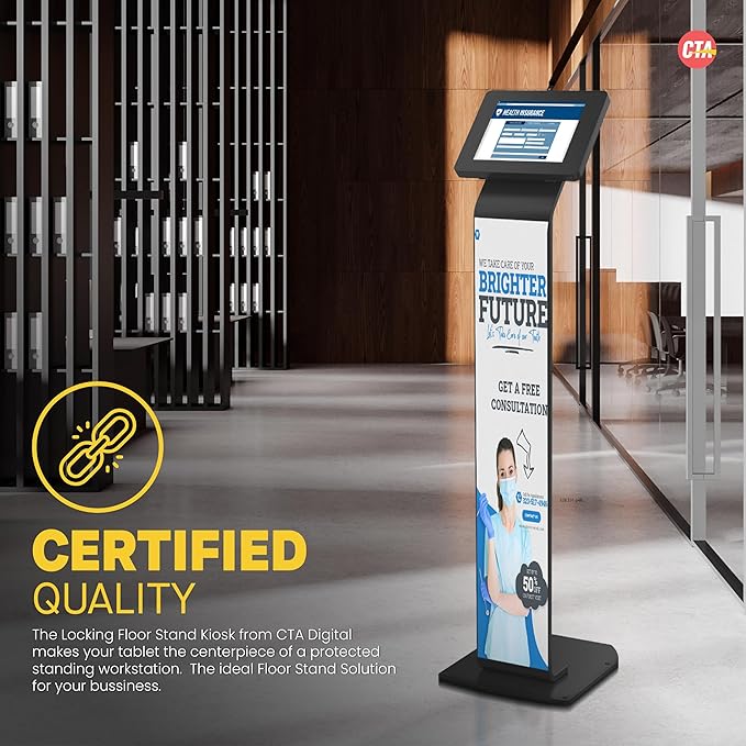 CTA Digital Locking Stand Kiosk Premium Small Locking Support Base Kiosk with Steel Body and Heavy-Duty Security Enclosure - iPad mini A17 Pro & 1/2/3/4/5/6 - Samsung Tab A 8″