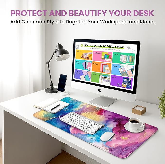 Large Mouse Pad for Desktop, Cute Desk Mat Pad Protector for Work & Gaming, Aesthetic Pretty Anti-Slip Laptop Blotter Cover for Office School Home Supplies, Color Splash, 35.4" x 15.7"