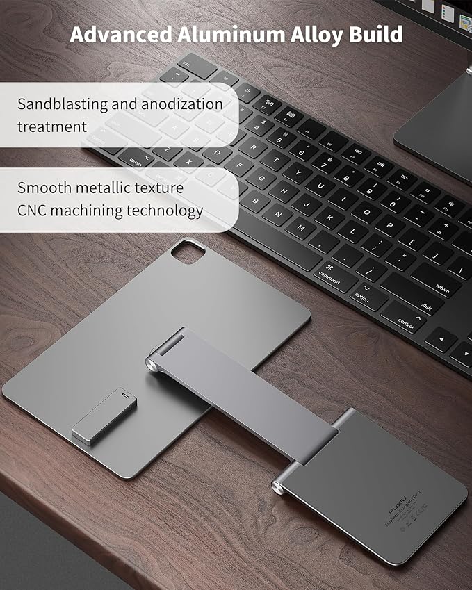 KU XIU Magnetic Wireless Charging Stand Only Compatible with iPad Air 13 M2 / M3, iPad Pro 12.9 6th/5th/4th/3rd, Aluminum Alloy Foldable Tablet Holder, Adjustable Desk Stand Mount with 1M Cable