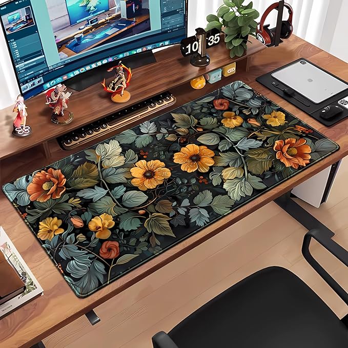 Floral Desk Mat Old World Style Cottagecore Flowers Extended Mouse Pad Large Botanical Gaming Mousepad XXL Cute Aesthetic Computer Keyboard Mouse Mat 31.5''X15.7'' Desk Pad Office Decor