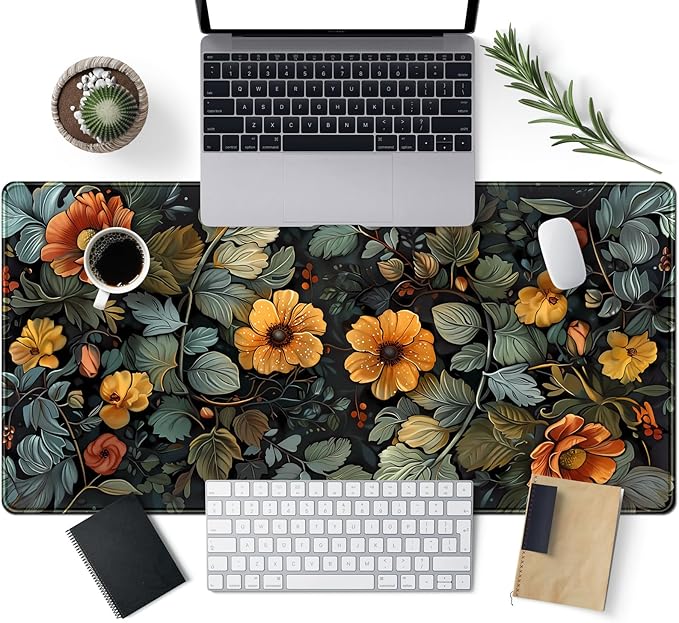 Floral Desk Mat Old World Style Cottagecore Flowers Extended Mouse Pad Large Botanical Gaming Mousepad XXL Cute Aesthetic Computer Keyboard Mouse Mat 31.5''X15.7'' Desk Pad Office Decor