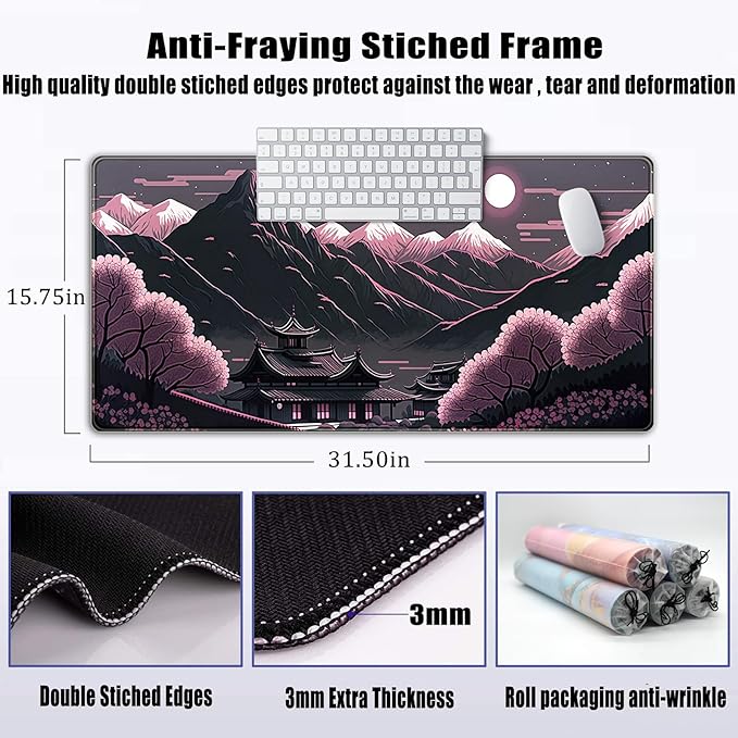 Sakura Blossom Desk Mat Japanese Scenery Mountain Large Mouse Pad XXL Extended Gaming Mousepad Japan Black Pink Aesthetic Desk Pad Keyboard Mouse Mat 31.5''X15.7'' Desk Decor