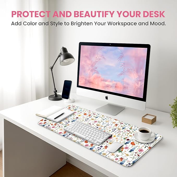 Large Mouse Pad for Desktop, Cute Desk Mat Pad Protector for Work & Gaming, Aesthetic Pretty Anti-Slip Laptop Blotter Cover for Office School Home Supplies, Wildflowers, 31.5" x 11.8"