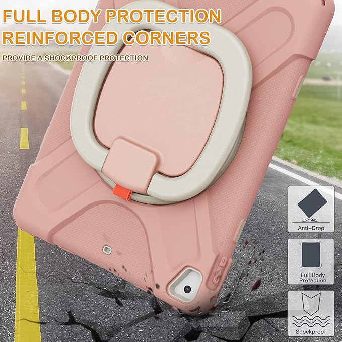 BRAECN Kids iPad Case, Rugged Silicone Cover with Hand Grip, Pencil Holder, Shoulder Strap, Stable Kickstand for iPad 9.7 inch 2018/2017/2016/2014 Rose Gold