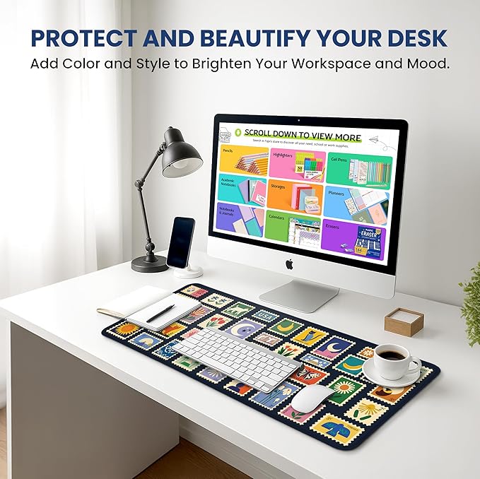 Large Mouse Pad for Desktop, Cute Desk Mat Pad Protector for Work & Gaming, Aesthetic Pretty Anti-Slip Laptop Blotter Cover for Office School Home Supplies, Stamp, 31.5" x 11.8"