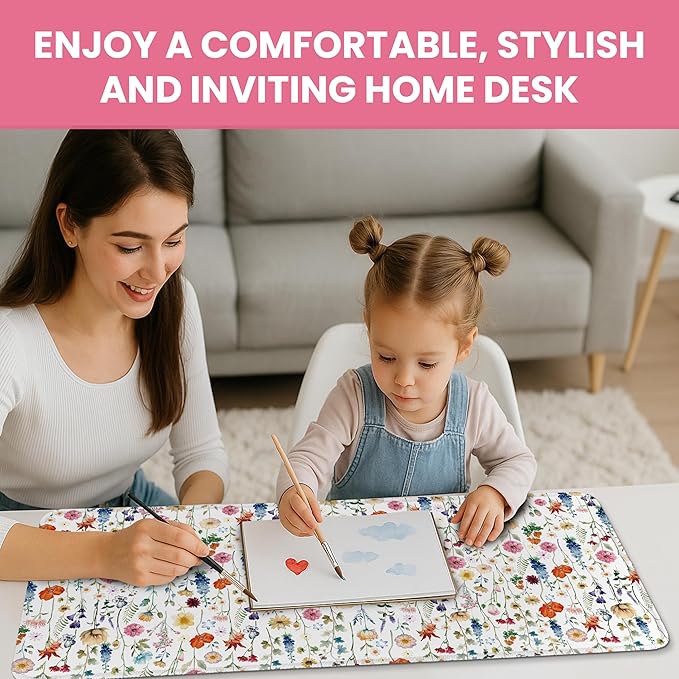 Large Mouse Pad for Desktop, Cute Desk Mat Pad Protector for Work & Gaming, Aesthetic Pretty Anti-Slip Laptop Blotter Cover for Office School Home Supplies, Wildflowers, 35.4" x 15.7"