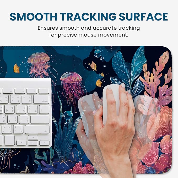 Large Mouse Pad for Desktop, Cute Desk Mat Pad Protector for Work & Gaming, Aesthetic Pretty Anti-Slip Laptop Blotter Cover for Office School Home Supplies, Jellyfish, 31.5" x 11.8"