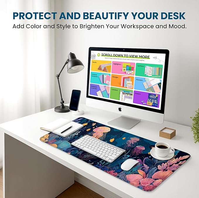 Large Mouse Pad for Desktop, Cute Desk Mat Pad Protector for Work & Gaming, Aesthetic Pretty Anti-Slip Laptop Blotter Cover for Office School Home Supplies, Jellyfish, 35.4" x 15.7"