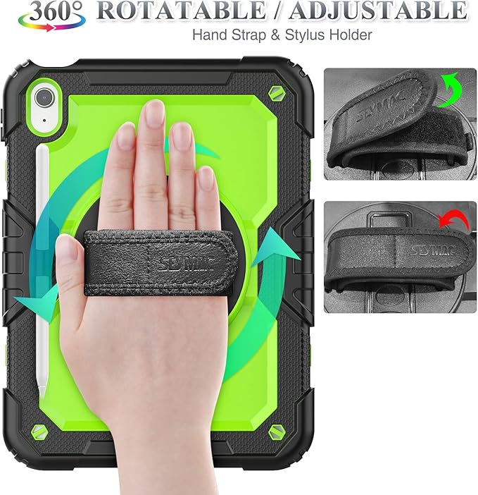 SEYMAC stock Case for iPad (A16) 11th/10th Generation 11''/10.9'' 2025/2022, Full-Body Drop Protection Case with Screen Protector &360° Rotate Hand Strap/Stand, Green+Black