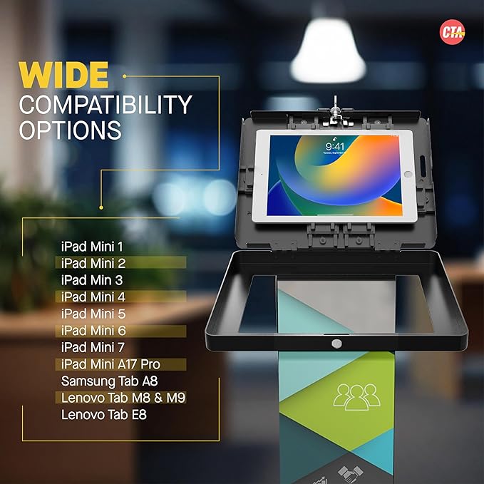 CTA Digital Locking Stand Kiosk Premium Small Locking Support Base Kiosk with Steel Body and Heavy-Duty Security Enclosure - iPad mini A17 Pro & 1/2/3/4/5/6 - Samsung Tab A 8″