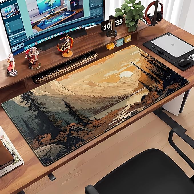 Sunset Mountains Desk Mat Aesthetic Large Mouse Pad XXL Extended Gaming Mousepad Nature Landscape Big Mouse Mat Computer Laptop Desktop Pad Keyboard Mat Desk Decor 31.5x15.7 in