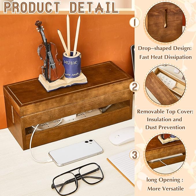 Hoteam 48 Pcs Wooden Cable Management Box Cable Organizer Box Set Power Strip Holder Cord Hider Clip Adhesive Management Ties Cord Sleeves for Desktop Home Office(Brown,Large)