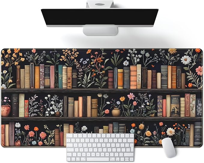 Bookish Desk Mat Floral Bookshelf Desk Pad Faux Embroidery Large Mouse Pad XXL Book Lovers Gift Extended Gaming Mousepad Flower Aesthetic Keyboard Pad Mouse Mat 31.5x15.7 in Office Decor for Women