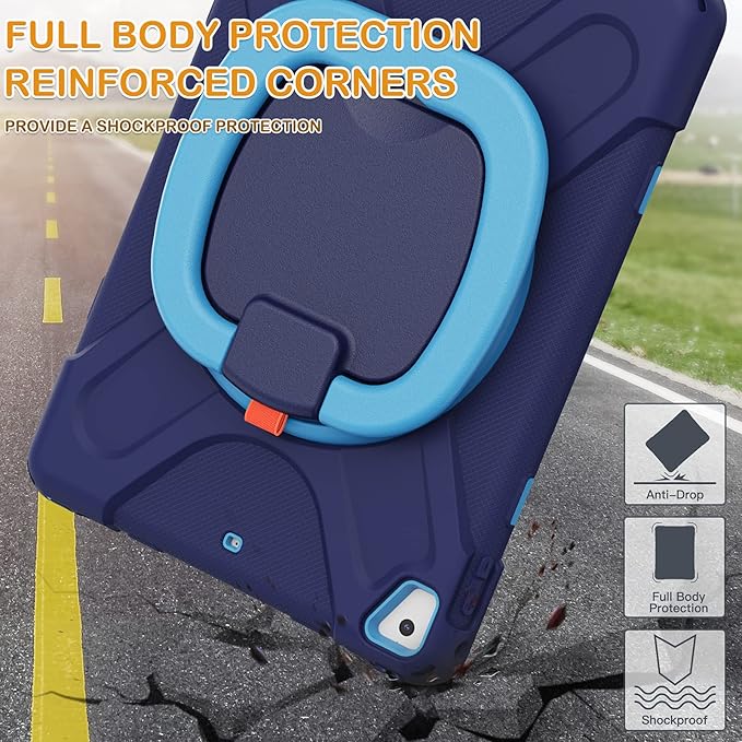 BRAECN Silicone Case for iPad 9.7 Inch 6th/5th Generation, iPad Pro 9.7, iPad Air 2, Triple Protected Rugged Cover with Stable Kickstand/Hand Grip/Pencil Holder/Shoulder Strap for Kids-Navy+Blue
