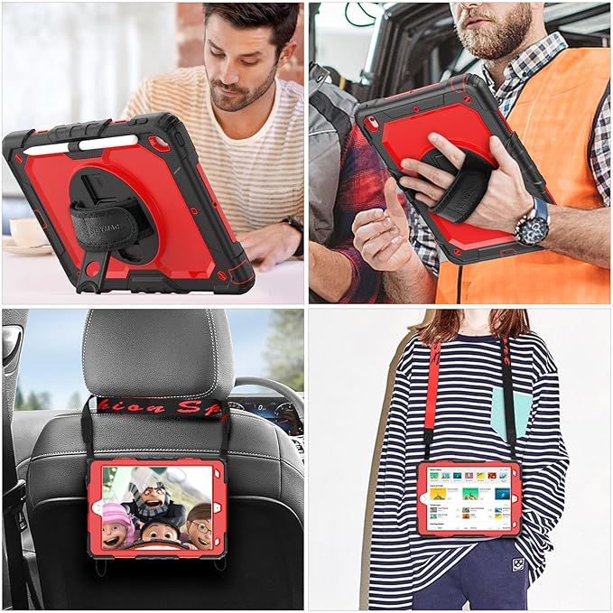 SEYMAC stock Case for iPad 9th/ 8th/ 7th Generation 10.2'', Shockproof with Screen Protector, Pencil Holder [360° Rotating Hand Strap] & Stand, for iPad 10.2 inch 2021-2019 (Red+SiliconeBlack)