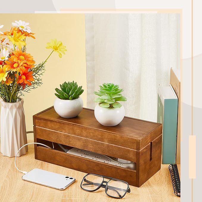 Hoteam 48 Pcs Wooden Cable Management Box Cable Organizer Box Set Power Strip Holder Cord Hider Clip Adhesive Management Ties Cord Sleeves for Desktop Home Office(Brown,Large)