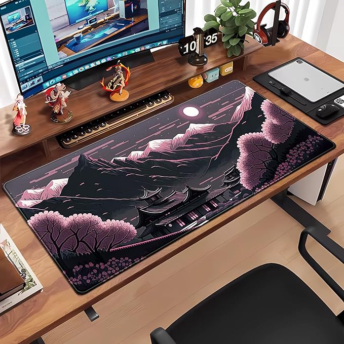 Sakura Blossom Desk Mat Japanese Scenery Mountain Large Mouse Pad XXL Extended Gaming Mousepad Japan Black Pink Aesthetic Desk Pad Keyboard Mouse Mat 31.5''X15.7'' Desk Decor