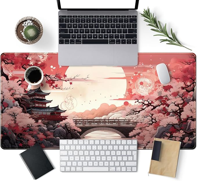 Pink Full Moon Desk Mat Japanese Sakura Blossom Large Mouse Pad Extended Japan Aesthetic Gaming Mousepad XXL Keyboard Pad Mouse Mat 31.5''X15.7'' Desk Pad Office Decor