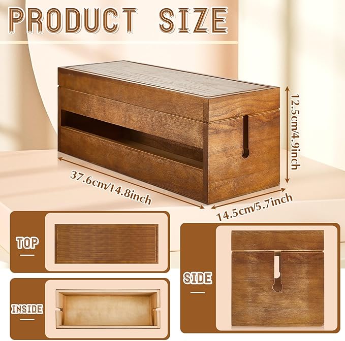 Hoteam 48 Pcs Wooden Cable Management Box Cable Organizer Box Set Power Strip Holder Cord Hider Clip Adhesive Management Ties Cord Sleeves for Desktop Home Office(Brown,Large)