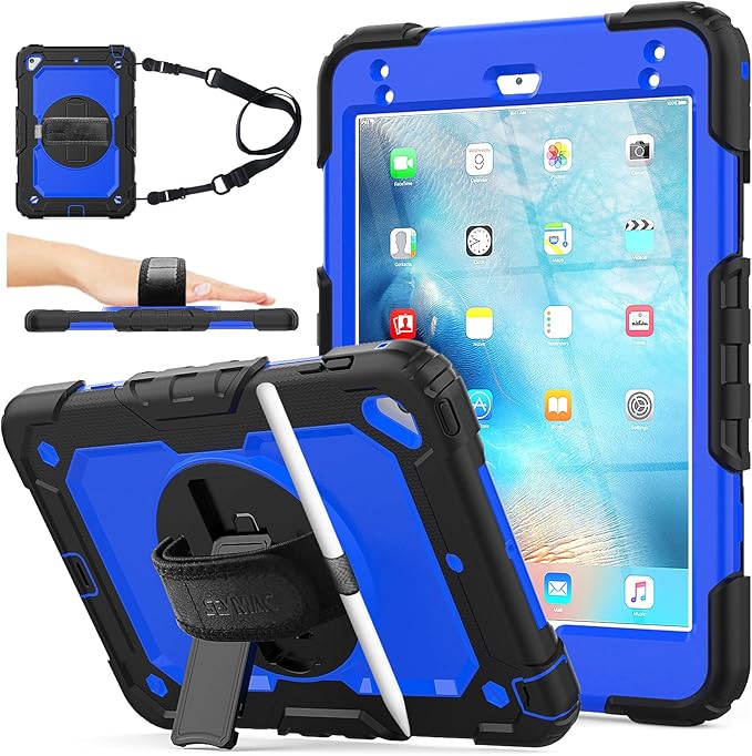 SEYMAC stock Case for iPad mini 5/4 with Screen Protector Pencil Holder [360 Rotating Hand Strap] & Stand, Drop-Proof Case for iPad mini 5th/4th Generation 7.9 inch (Blue+Black)