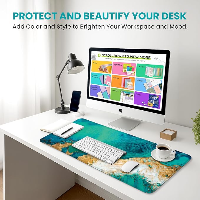 Large Mouse Pad for Desktop, Cute Desk Mat Pad Protector for Work & Gaming, Aesthetic Pretty Anti-Slip Laptop Blotter Cover for Office School Home Supplies, Emerald Shores, 35.4" x 15.7"